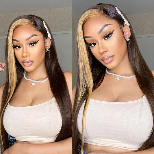 Brown Hair With Honey Blonde Highlight Streaks Wigs Straight & Body Wave 13*4 / 13*6 HD Lace Front Human Hair