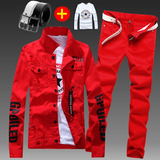 Men's Slim Fit Denim Jacket Pants 2pcs Set Long Sleeve Coats Letters Printed Casual