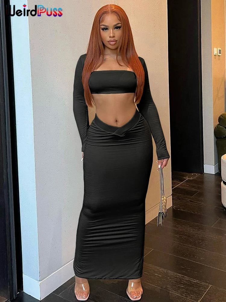 Women 2 Piece Set Tracksuit New Trend Long Sleeve Crop Tops+Wide Waistband Maxi Skirts Casual Streetwear Suits