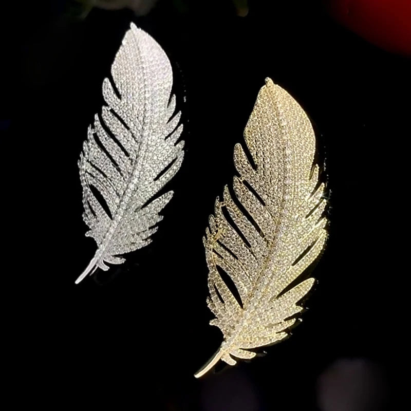 Luxury Copper Feather Brooch Women Wedding Jewelry Gift