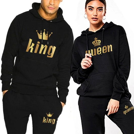 King Queen Print Autumn/Winter originality Casual Hoodies Male Casual Sweater Set Long Sweatshirts Sleeve