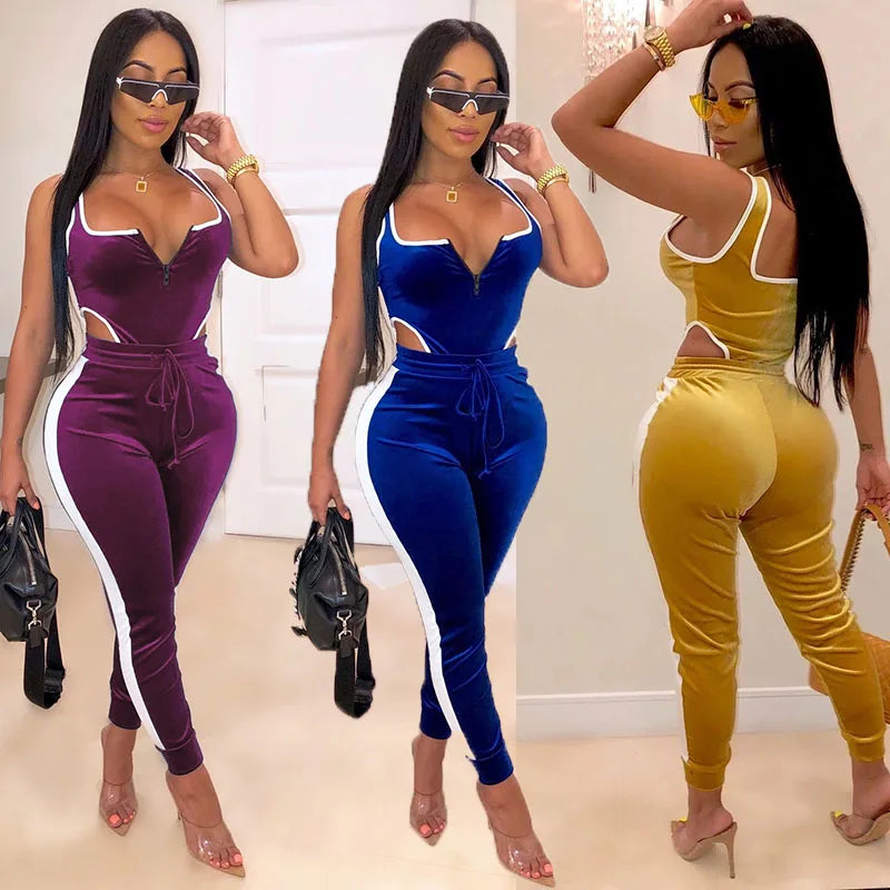 Bodycon 2pcs Set, Bodysuit & High Waist Stretchy Pants,