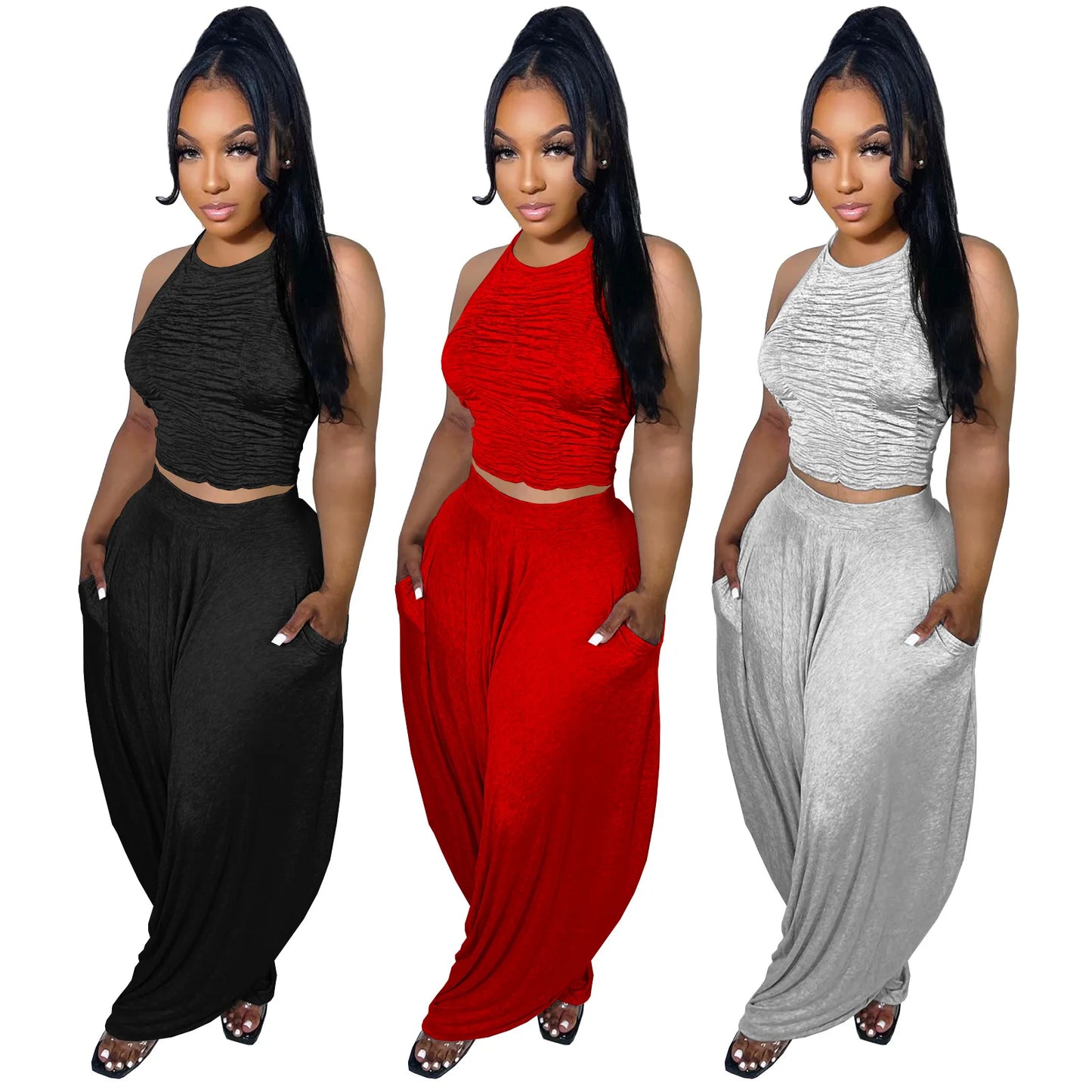 Two piece set women outfits crop top pants sets