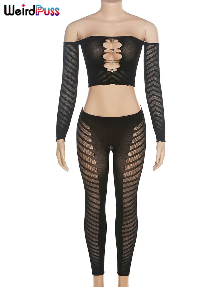 See Through Clubwear 2 Piece Set Skinny Hollow Diamonds Slash Neck Crop Tops+Leggings Coquette Outfits