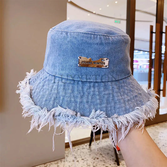 Unisex Tassel Washed Denim Bucket Hats Fashion for Women