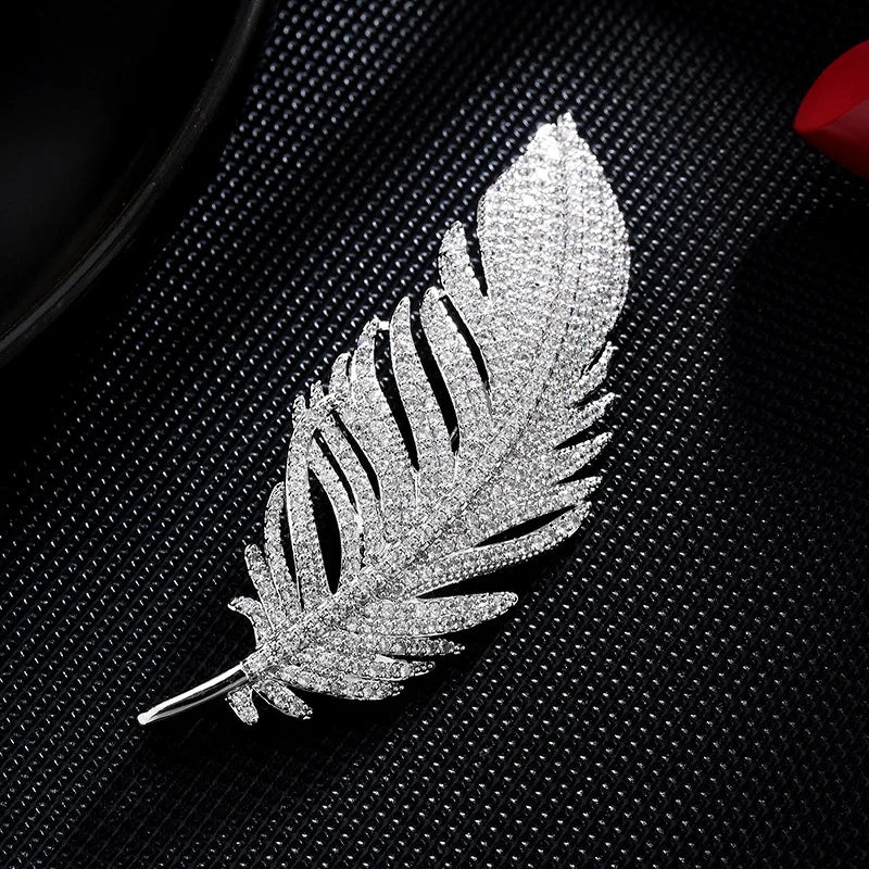 Luxury Copper Feather Brooch Women Wedding Jewelry Gift