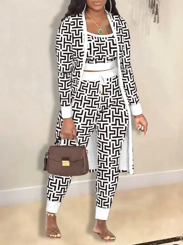 3PCS Abstract Print Cami Top & Pants Set With Coat Of Three Fashion Casual Pieces For Women Elegant