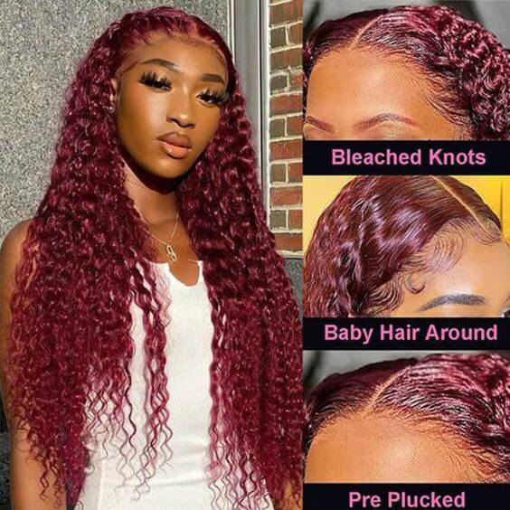 Deep Wave 13*4/13*6 HD Lace Front Wigs Burgundy 99J Color Human Hair Wig With Pre-plucked Edges