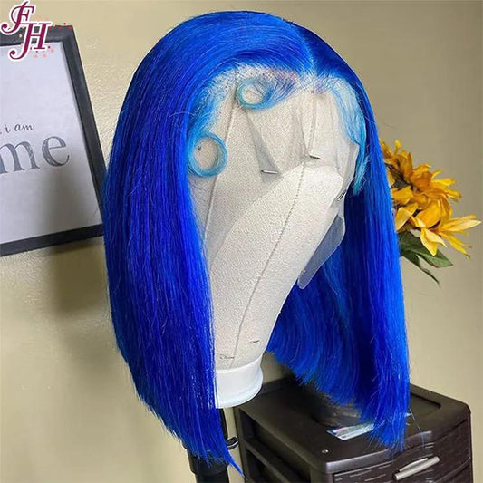 13*4 13*6 HD Lace Front Human Hair Wig in blue With Pre-plucked Edges Hairline Bob