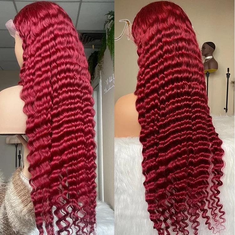 Deep Wave 13*4/13*6 HD Lace Front Wigs Burgundy 99J Color Human Hair Wig With Pre-plucked Edges